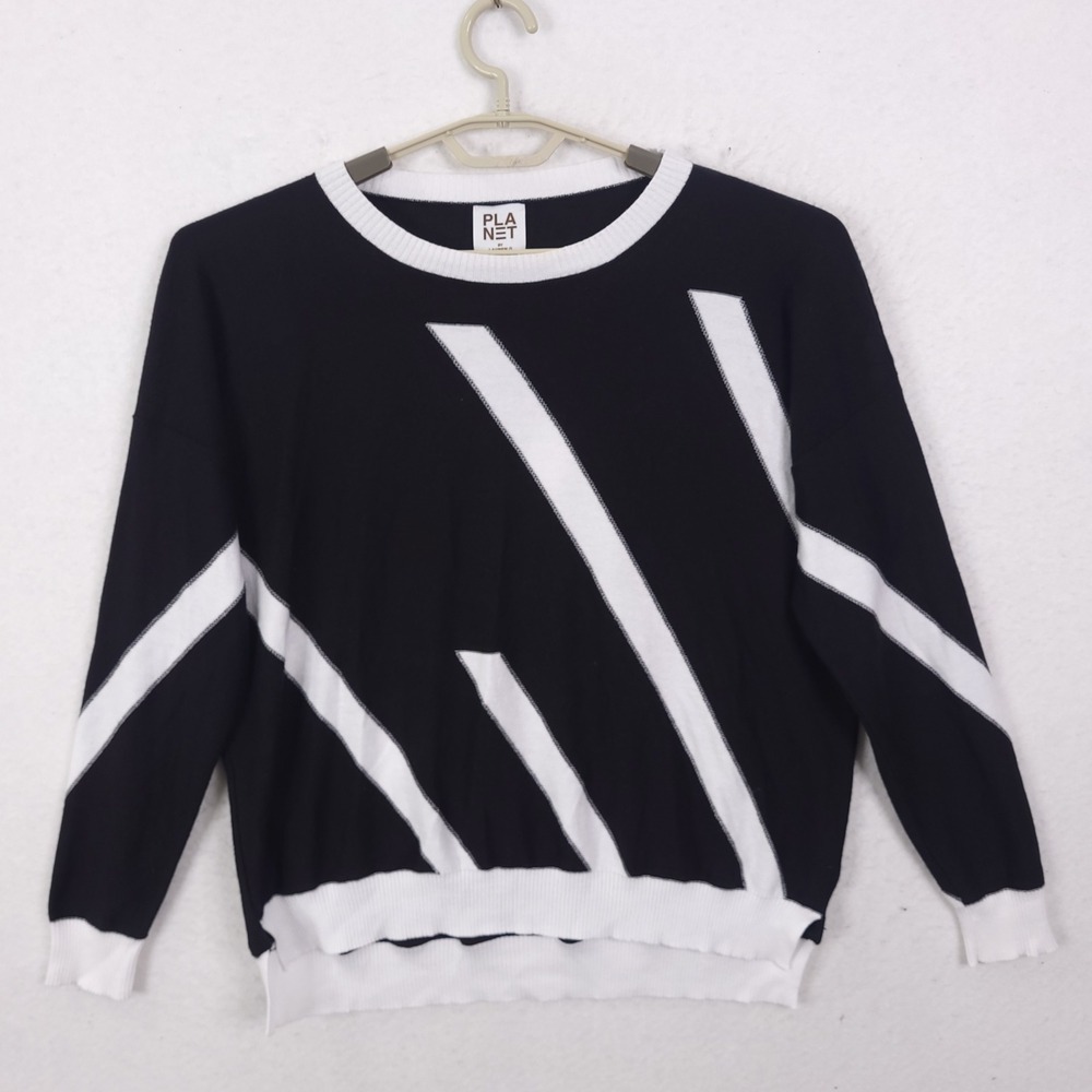 Planet by Lauren G Sweater Womens OS Black White Geometric Pima Cotton Modal